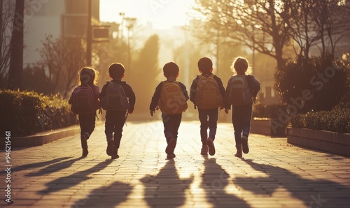 Five children walking to school with their backpacks on.