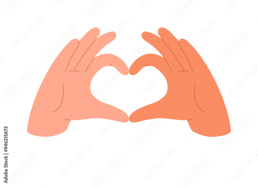 Hand gesture of love. Couple making heart shape of their fingers together. Symbol of international unity. People show sign of romantic feelings. Flat isolated vector illustration on white background Hand gesture of love. Couple making heart shape of their fingers together. Symbol of international unity. People show sign of romantic feelings. Flat isolated vector illustration on white background