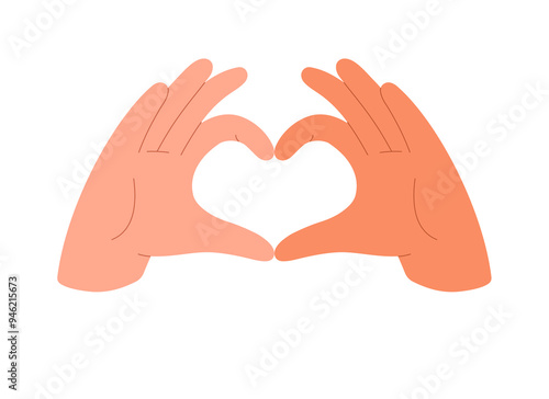 Hand gesture of love. Couple making heart shape of their fingers together. Symbol of international unity. People show sign of romantic feelings. Flat isolated vector illustration on white background