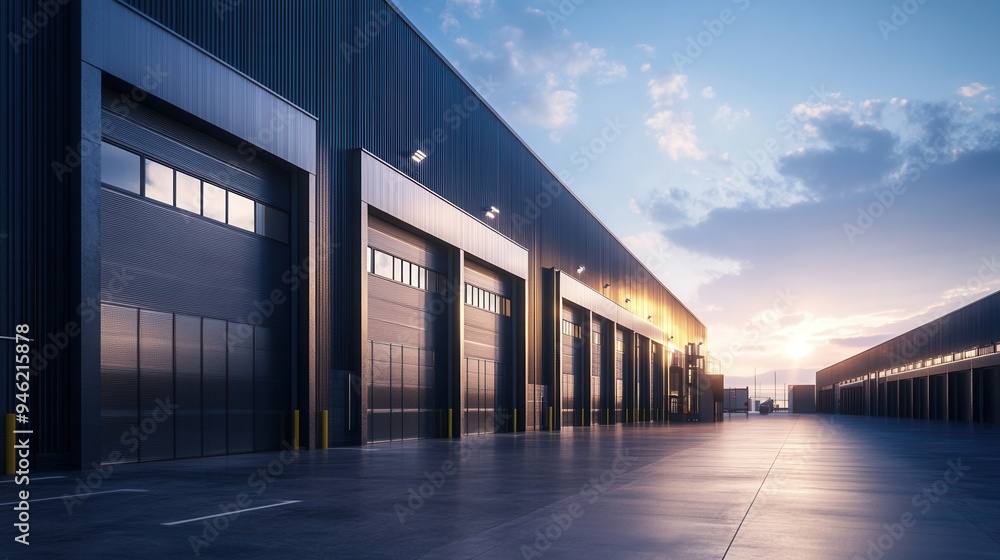 Modern Warehouse Exterior with Gray Steel Walls and Large Garage Doors - Photorealistic View at Golden Hour. AI generated illustration