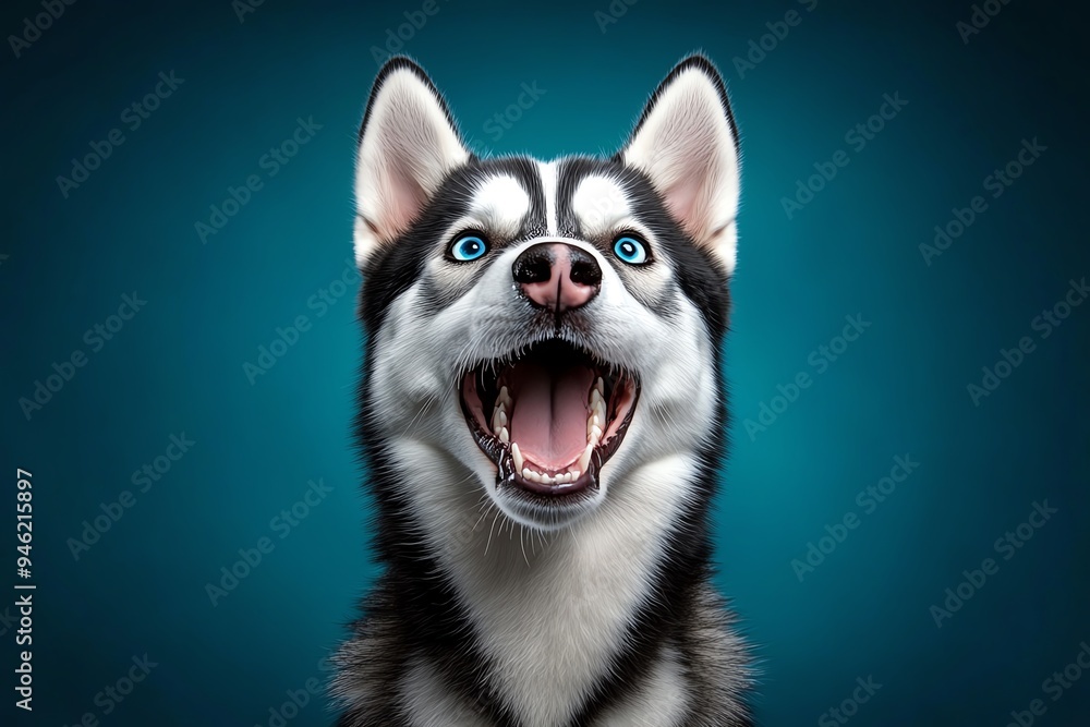Obraz premium Funny Siberian Husky making a face while howling, depicted in an artwork that exaggerates the dogâ€™s expression, making it look even more humorous