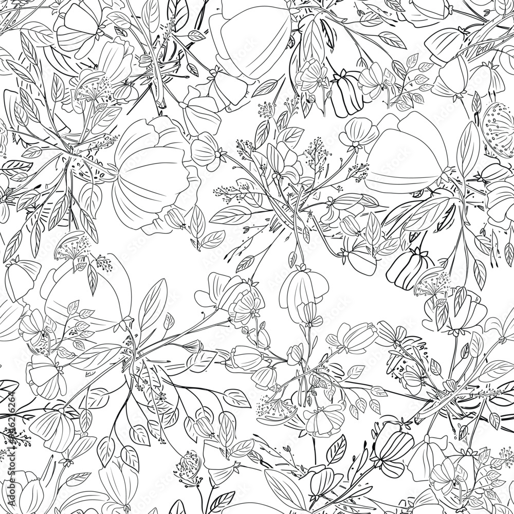 An Abstract Seamless Pattern Featuring Black outline flowers on a Clean White Background An Abstract Seamless Pattern Featuring Black outline flowers on a Clean White Background
