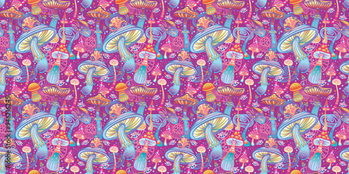 Seamless Pattern with Magic mushrooms, hand drawn vector illustration