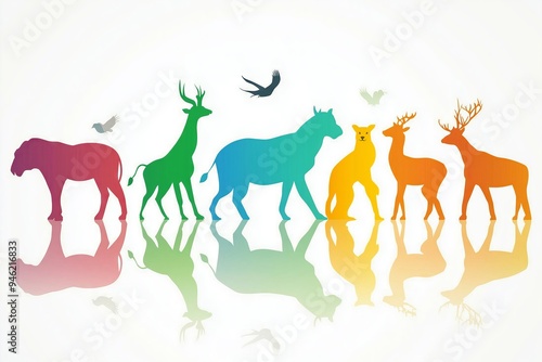 A vibrant display of animal silhouettes including a lion, giraffe, elephant, and birds, arranged in a harmonious line against a light backdrop.