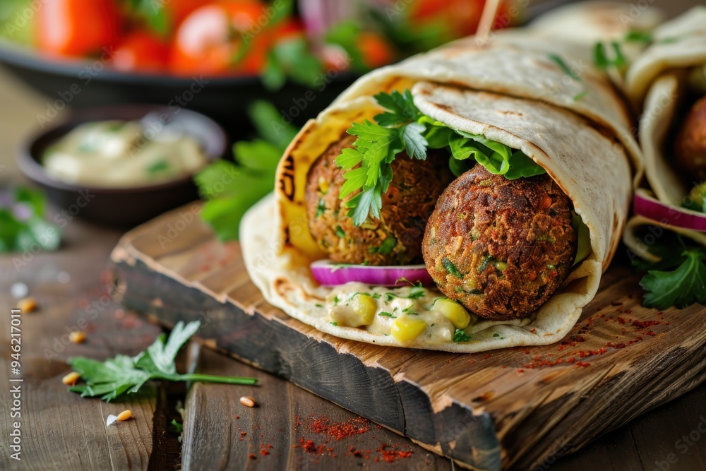 A savory falafel wrap with hummus, fresh vegetables, and tahini sauce, wrapped in flatbread and placed on a rustic wooden board. Copy space for text A savory falafel wrap with hummus, fresh vegetables, and tahini sauce, wrapped in flatbread and placed on a rustic wooden board. Copy space for text