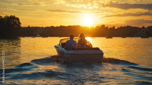 Fototapeta Naklejka Na Ścianę i Meble -  A couple enjoying a romantic boat ride on a scenic lake with a beautiful sunset in the background