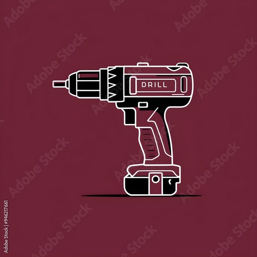 Minimalist 2D Illustration of a Drill in Black and Maroon Colors, Front View Only, Static Design with a Clean and Modern Aesthetic