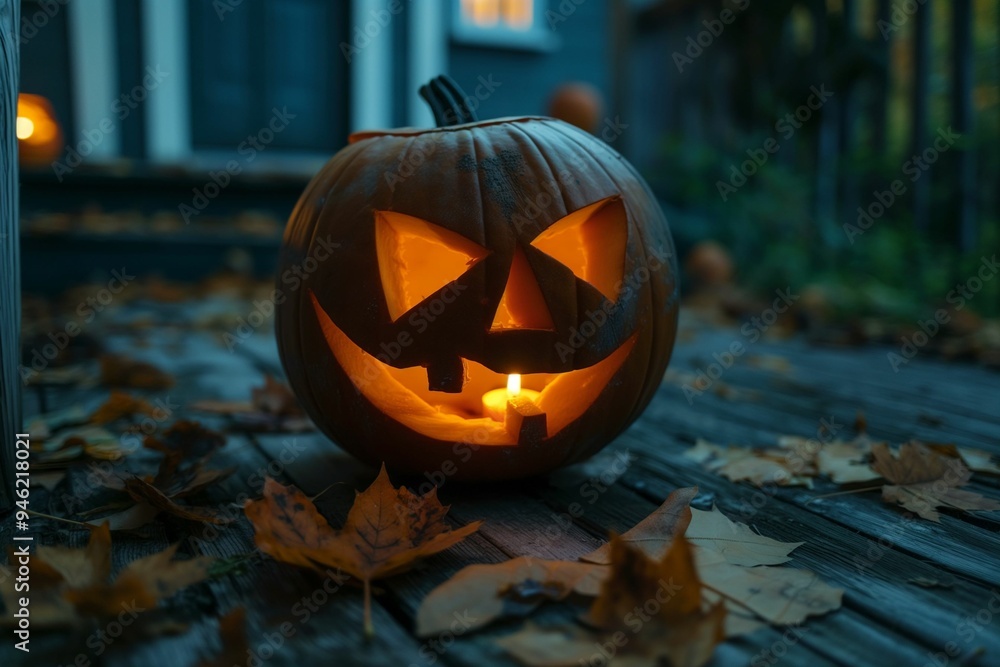 Glowing Jack-O'-Lantern on Porch with Fallen Leaves at Night Glowing Jack-O'-Lantern on Porch with Fallen Leaves at Night