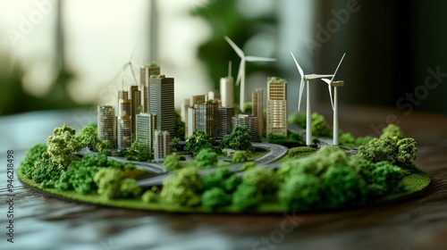 A miniature eco-friendly city model featuring skyscrapers and wind turbines.