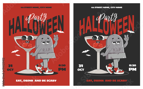 Halloween invitation cards with cute characters. Retro cartoon glass of bloody martini and tombstone. Design template for club party events in 70s-80s. 