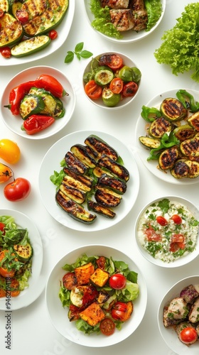 Brightly colored dishes feature a variety of grilled vegetables and fresh salads, ideal for healthy dining during a summer event