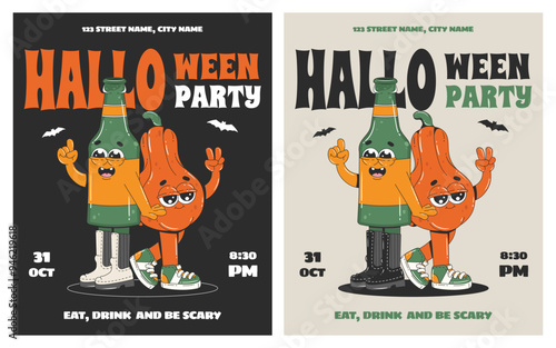 Halloween party flyers with cartoon characters. Retro groovy style posters in 70s-80s.