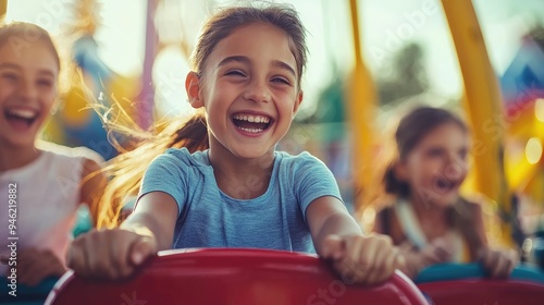 A family enjoying a fun ride at an amusement park with smiles and laughter