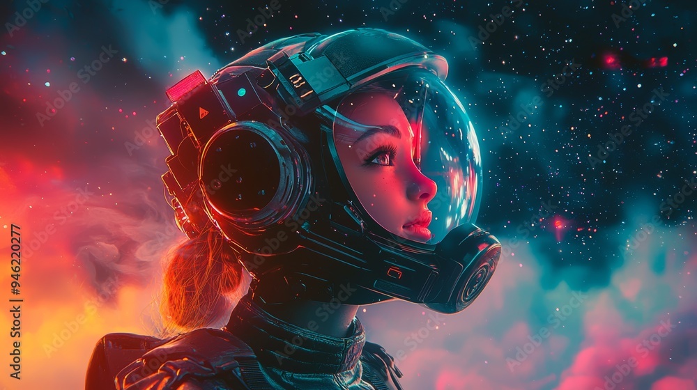 A cute girl in an open face pilot suit, standing on a futuristic platform with a galaxy of stars behind her A cute girl in an open face pilot suit, standing on a futuristic platform with a galaxy of stars behind her