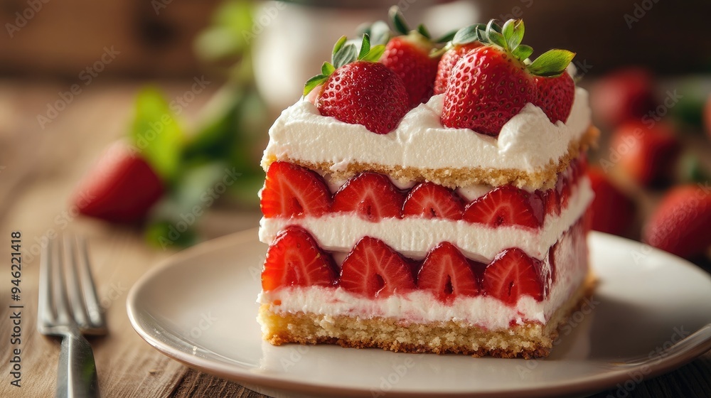 A mouthwatering strawberry shortcake with layers of fresh cream and ripe strawberries, ideal for summer dessert imagery A mouthwatering strawberry shortcake with layers of fresh cream and ripe strawberries, ideal for summer dessert imagery