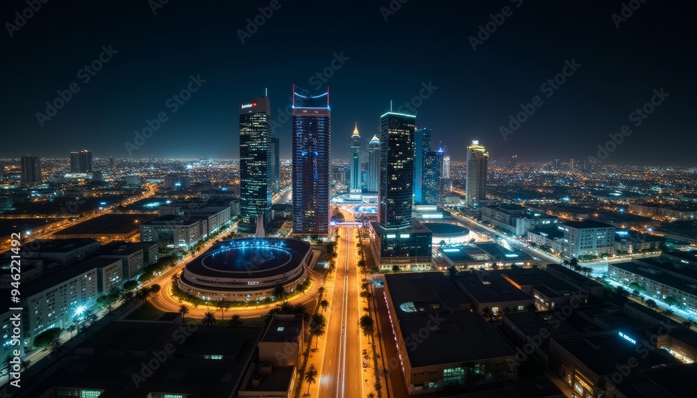 Fototapeta premium Vibrant cityscape at night illuminated by neon lights and skyscrapers