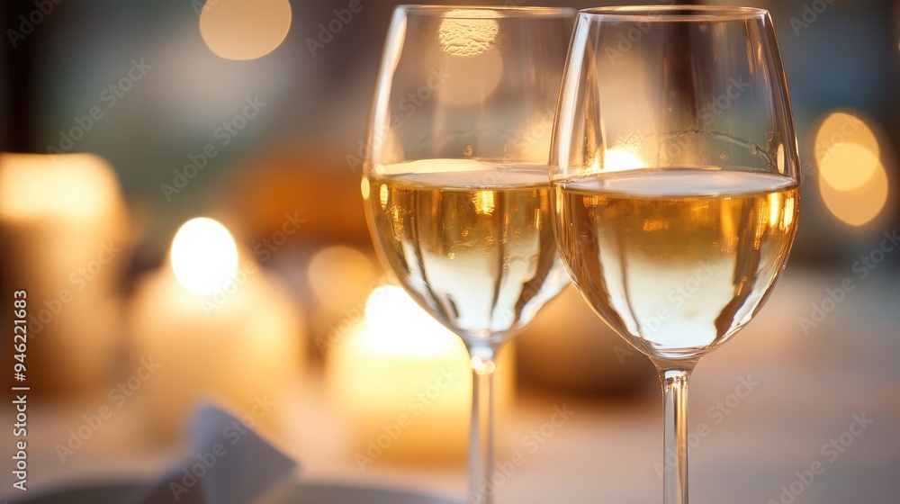 A pair of elegant wine glasses clinking together, with soft candlelight in the background A pair of elegant wine glasses clinking together, with soft candlelight in the background