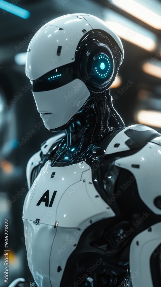 Futuristic robot posing with blue lights in a research lab Futuristic robot posing with blue lights in a research lab