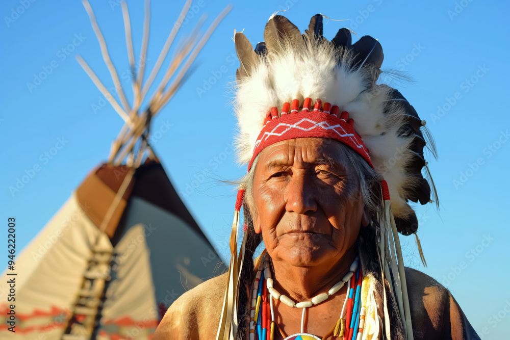 Obraz premium Elderly Native American man in traditional clothing, including a feathered headdress, standing proudly in front of a tipi under a clear blue sky.