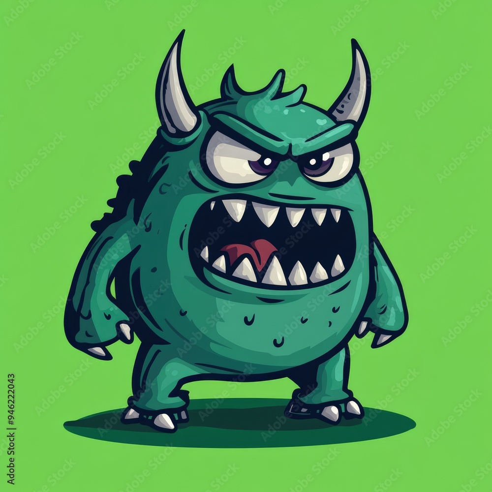 Angry Green Monster with Horns and Sharp Teeth Angry Green Monster with Horns and Sharp Teeth