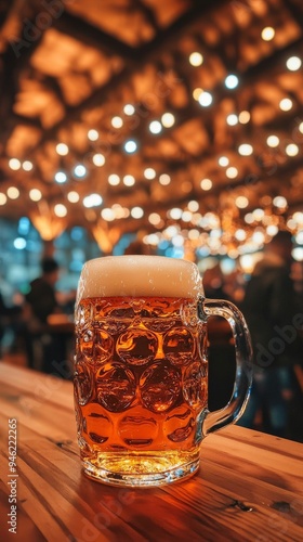 Glass of beer sitting on a bar with people socializing in the background