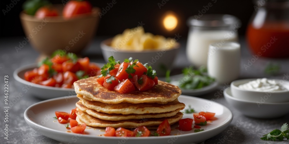 Savory cheese pancakes with fresh salsa and sour cream. Savory cheese pancakes with fresh salsa and sour cream.