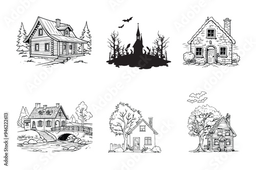 Set of Black silhouettes of haunted houses with bats, Halloween design. photo