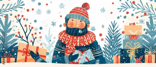 Winter flat design, top view, seasonal theme, cartoon drawing, Triadic Color Scheme