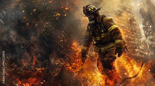 A firefighter bravely navigates through flames and smoke, embodying courage and duty.