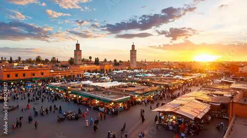 A vibrant street market in Marrakech at dusk, filled with exotic spices, colorful fabrics, and bustling activity, capturing the essence of Moroccan culture and energy.