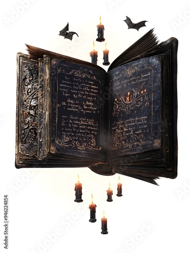 Levitating Ornate Leather Bound Witch s Spellbook with Arcane Runes and Flickering Candles