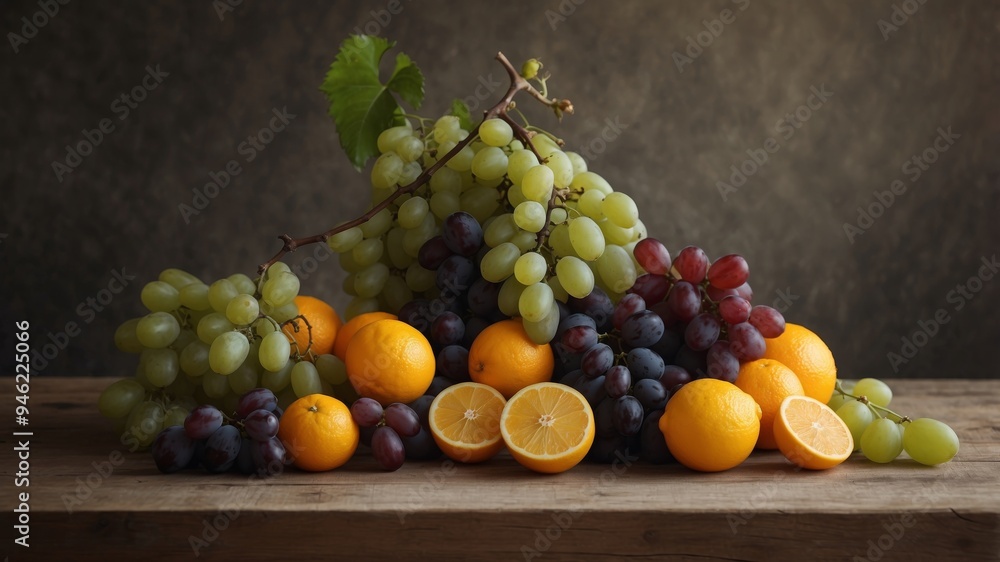 Rustic Still Life with Grapes and Citrus Fruits. Rustic Still Life with Grapes and Citrus Fruits.