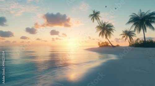 A serene tropical island with a gentle sunrise, casting a warm light over calm ocean waters and sandy beaches