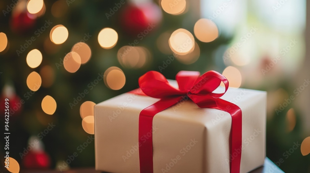 A single gift box with a bright red ribbon, with a blurred Christmas tree in the background, highlighting holiday cheer A single gift box with a bright red ribbon, with a blurred Christmas tree in the background, highlighting holiday cheer