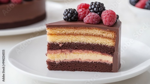 A slice of rich, layered cake with chocolate ganache and fresh berries on a white plate, showcasing the indulgent layers