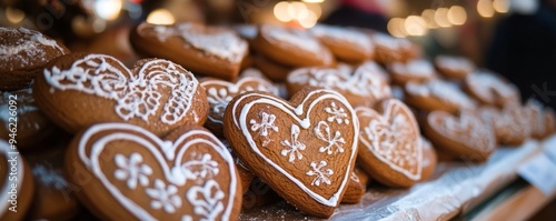 Heart shaped gingerbread cookies covered with icing celebrating christmas holidays