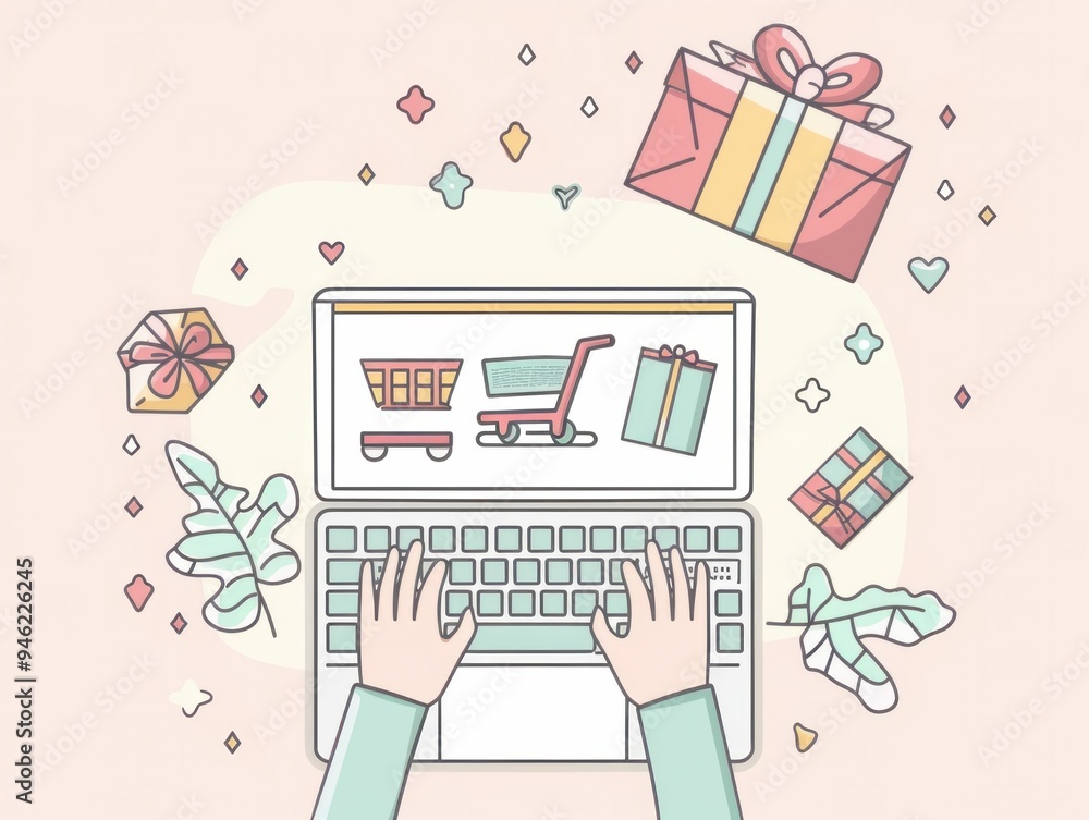 Hands typing on a laptop with shopping cart and gifts on the screen, pastel pink background Hands typing on a laptop with shopping cart and gifts on the screen, pastel pink background