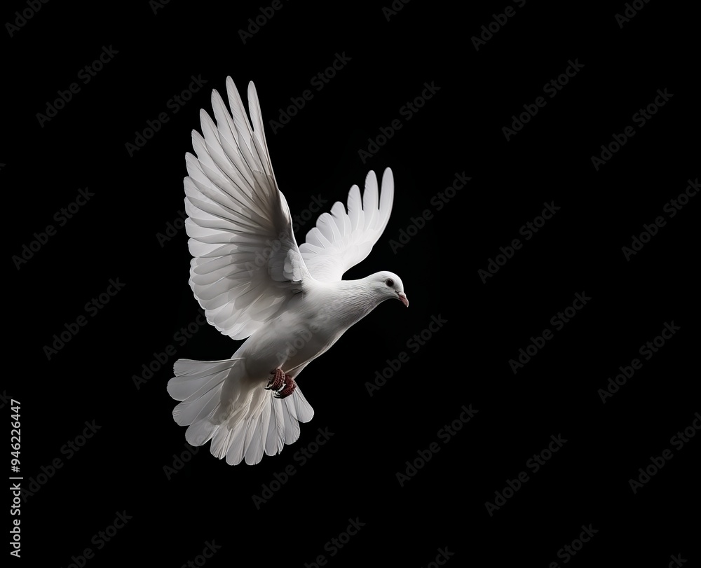Obraz premium White Dove Flying in the Air with Wings Spread Against a Black Background, Isolated