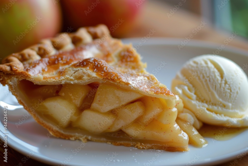 A slice of homemade apple pie with a scoop of vanilla ice cream A slice of homemade apple pie with a scoop of vanilla ice cream