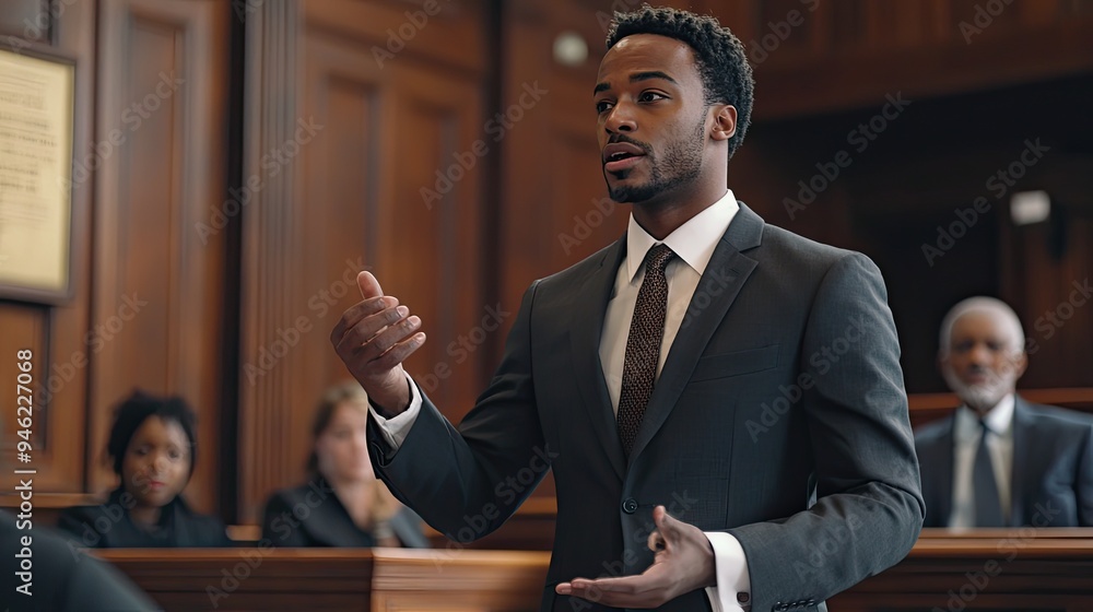 Fototapeta premium A lawyer confidently presenting a case in a courtroom, fighting for their client's rights.