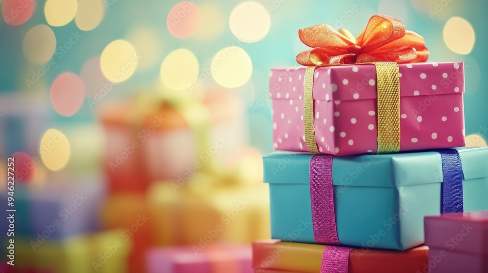 A stack of colorful gift boxes with ribbons, with a blurred party setting in the background, capturing the joy of celebrations A stack of colorful gift boxes with ribbons, with a blurred party setting in the background, capturing the joy of celebrations