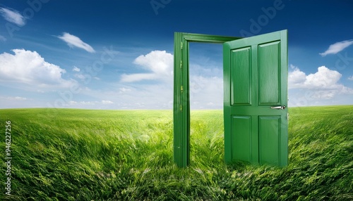 Open green door in plain with grass, isolated open door in green field, Generative AI