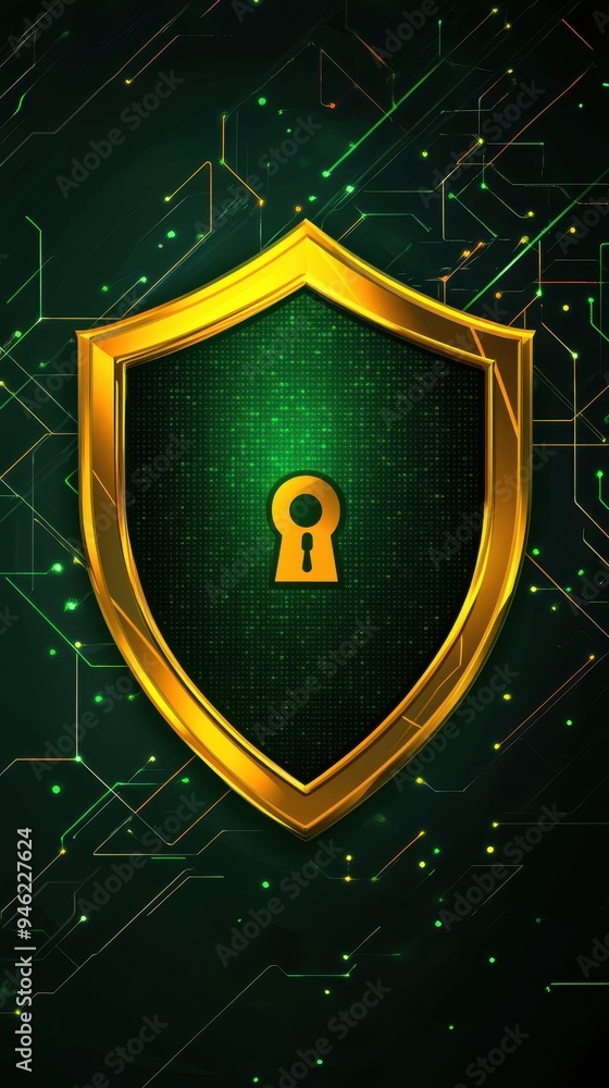 Fototapeta premium A vibrant golden shield showcases a lock icon, representing digital security set against a green patterned backdrop