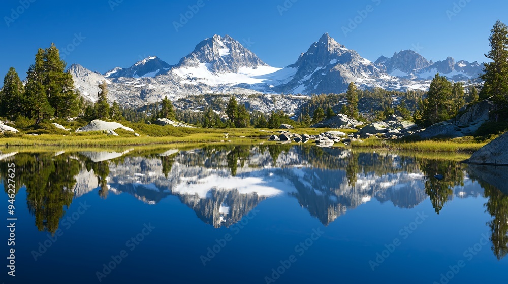 Fototapeta premium A serene mountain landscape with a reflective lake and towering peaks under a clear blue sky.