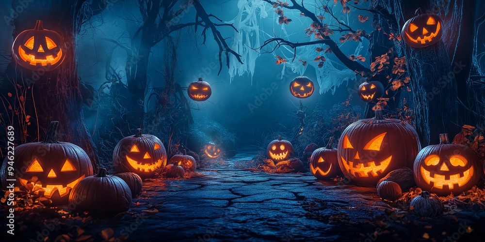A mystical forest pathway is adorned with numerous glowing jack-o'-lanterns, creating an eerie and magical Halloween scene. A mystical forest pathway is adorned with numerous glowing jack-o'-lanterns, creating an eerie and magical Halloween scene.