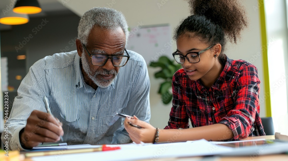 A mentor and mentee working together on a project, demonstrating guidance and partnership A mentor and mentee working together on a project, demonstrating guidance and partnership