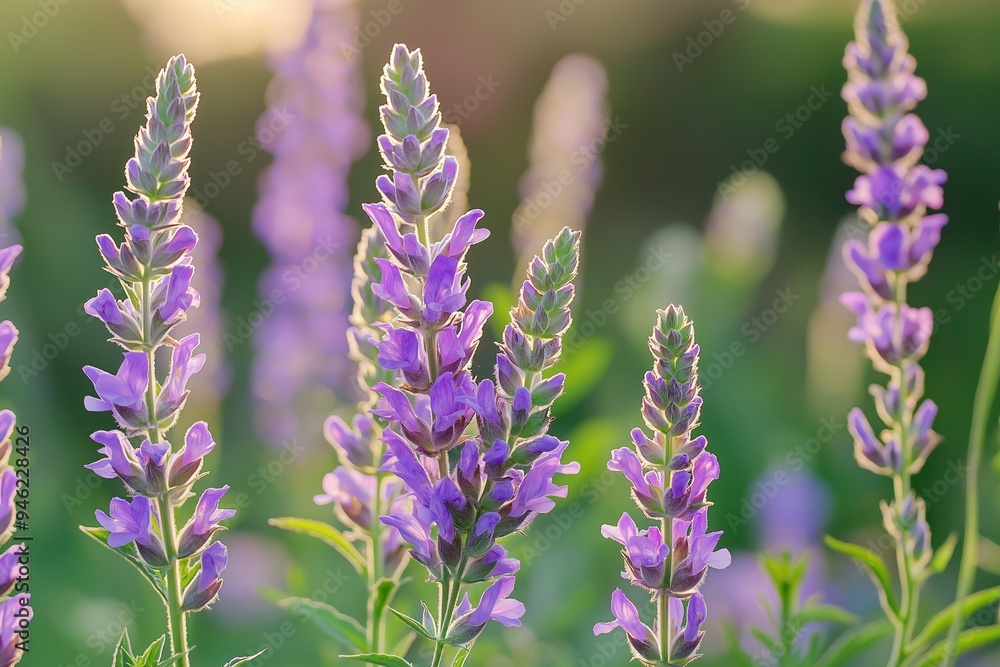 Fototapeta premium A vivid and serene image of lavender flowers in full bloom, illuminated by soft sunlight, showcasing nature's beauty.
