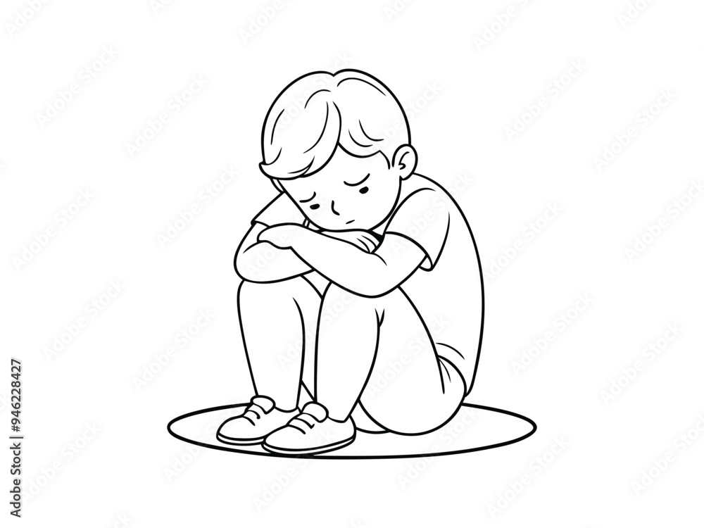 Sad young boy teenager sitting alone. One line drawing. Sad young boy teenager sitting alone. One line drawing.