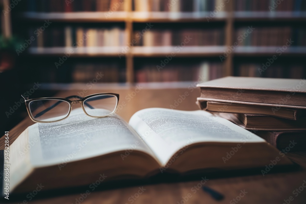 Fototapeta premium An open book on a wooden table in a library setting, with eyeglasses resting on top, inviting intellectual exploration.