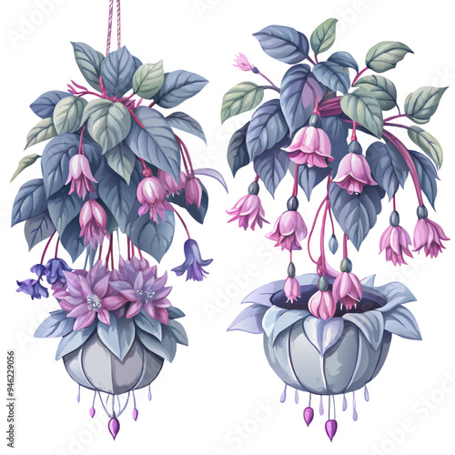 Two Hanging Pots with Pink Blossoms and Blue-Green Leaves in Watercolor Style